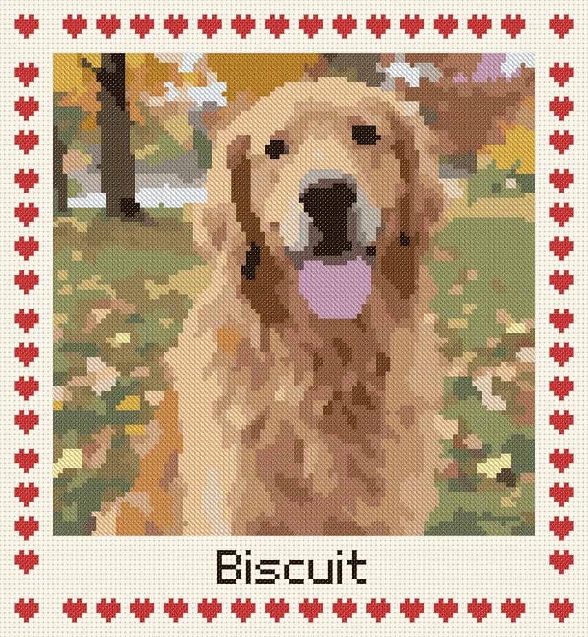 The golden retriever as a cross-stitch pattern with the name Biscuit and a heart border
